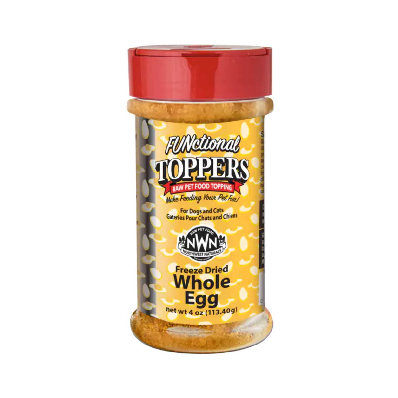 A plastic container with a red lid labeled “FUNctional Toppers Freeze Dried Whole Egg” raw pet food topping for dogs and cats. The background of the label is yellow with egg illustrations.