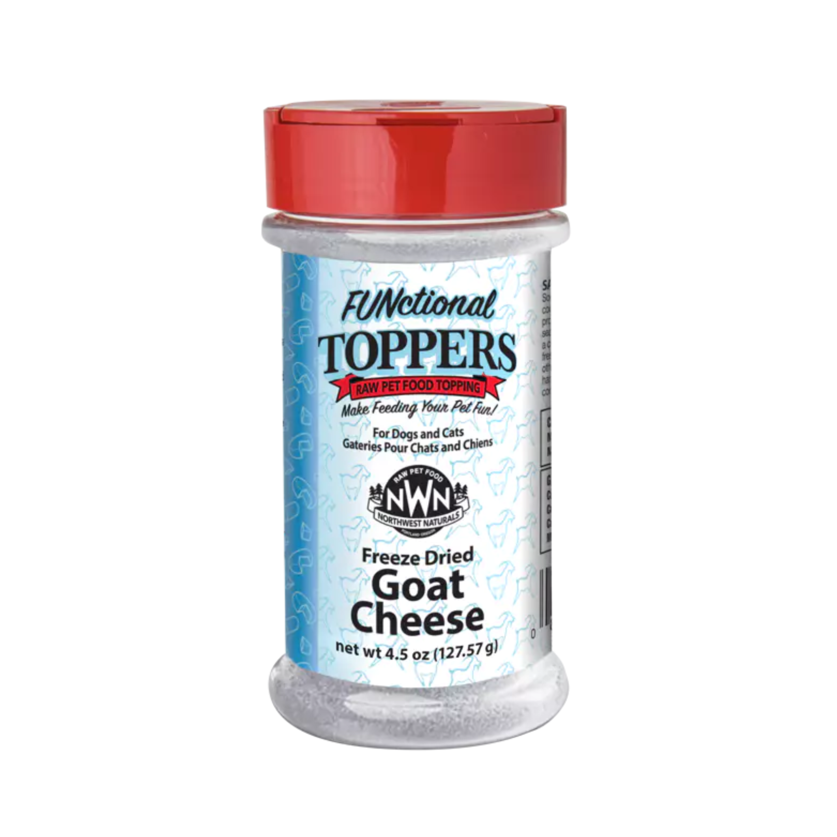 A clear plastic container with a red lid labeled “FUNctional Toppers Freeze Dried Goat Cheese,” a raw pet food topping for dogs and cats, with blue and white accents on the packaging. Net weight is 4.5 oz (127.57 g).