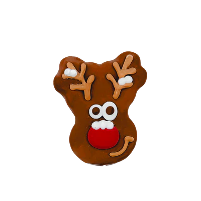 A reindeer-shaped gingerbread cookie with white eyes, a red nose, and brown antlers decorated with white icing.