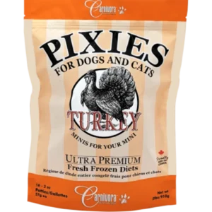 Bag of Carnivora Pixies turkey-flavored fresh frozen pet food patties for dogs and cats.
