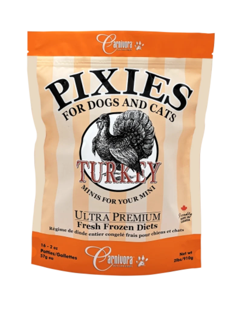 Bag of Carnivora Pixies turkey-flavored fresh frozen pet food patties for dogs and cats.