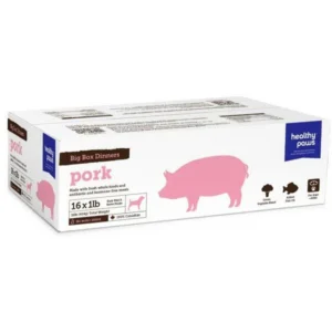Healthy Paws pork dog food box containing sixteen 1lb packages.