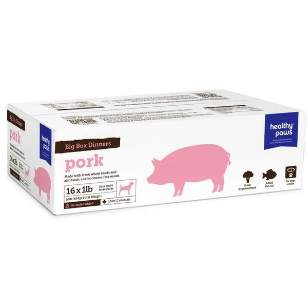 Healthy Paws pork dog food box containing sixteen 1lb packages.