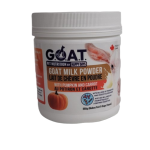 A white tub of G.O.A.T. Goat Milk Powder for pets, featuring pumpkin and carrot. The label shows a goat and pumpkin images, with text in English and French. The container is 250g and marked as made in Canada.