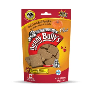 A package of Benny Bully's Plus dog treats with beef liver and real pumpkin, showing square treats through a clear window. The orange bag highlights dietary fiber and a "100% natural" label.