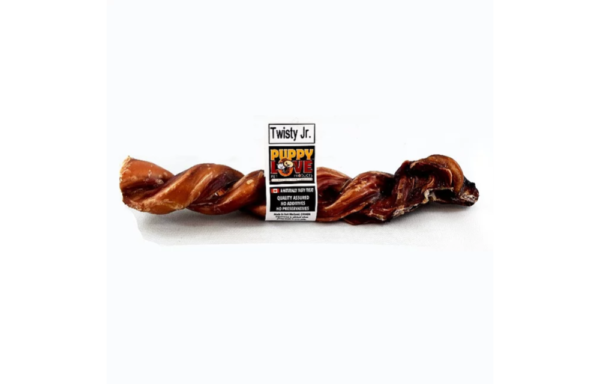 A twisted dog chew with a label reading "Twisty Jr. Puppy Chew" against a white background. The chew has a brown, glossy texture and a braided appearance.