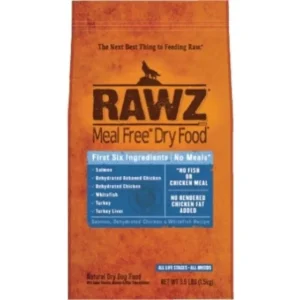 A 3.5 lb orange bag of Rawz Dog Dry Fish features salmon, dehydrated chicken, and turkey, with a blue label stating "No Fish or Chicken Meal" and "No Rendered Chicken Fat Added.