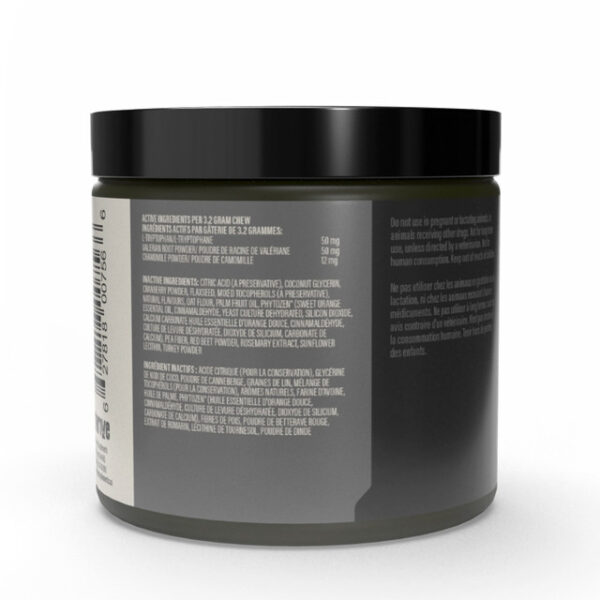 The black cylindrical container, labeled in English and French with a screw-on lid, holds the personal care product "Thrive Equipment Relax (Calming) 270 g.