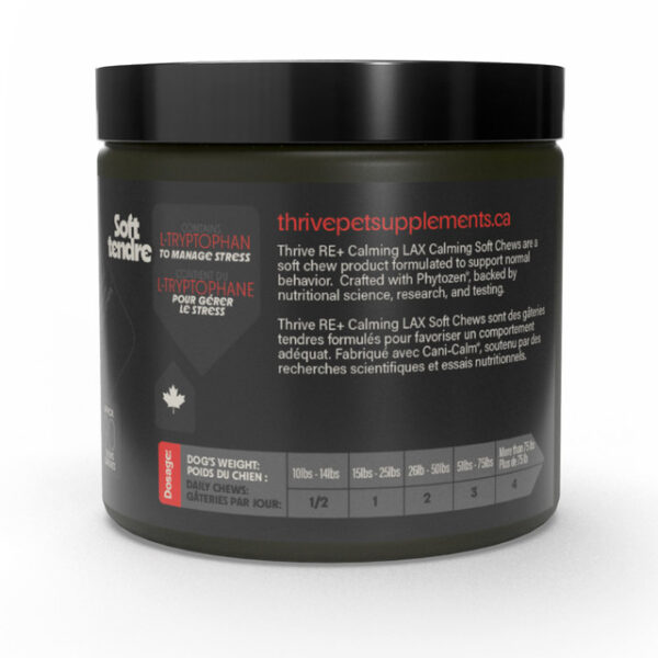 A jar of Thrive Equipment Relax (Calming) 270g is labeled as a stress-managing calming supplement for dogs. It contains L-tryptophan and includes dosing instructions for different dog weights.