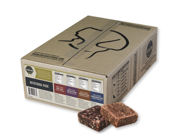 A cardboard box labeled "K9 Choice Rotational Pack 20 lbs" contains multiple packs of frozen raw pet food. The box displays different flavors: beef, chicken, buffalo, lamb, and kangaroo. Two raw pet food blocks are shown in front of the box.