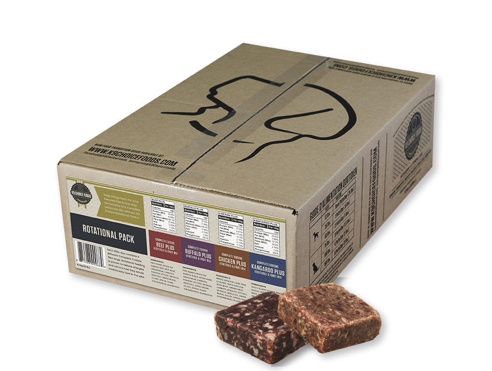 A cardboard box labeled "K9 Choice Rotational Pack 20 lbs" contains multiple packs of frozen raw pet food. The box displays different flavors: beef, chicken, buffalo, lamb, and kangaroo. Two raw pet food blocks are shown in front of the box.