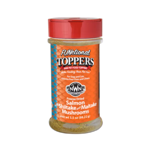 A jar of Northwest Naturals FUNctional Toppers Raw Pet Food Topping, freeze-dried salmon with shiitake and maitake mushrooms, for dogs and cats. The jar has an orange label and a red lid.