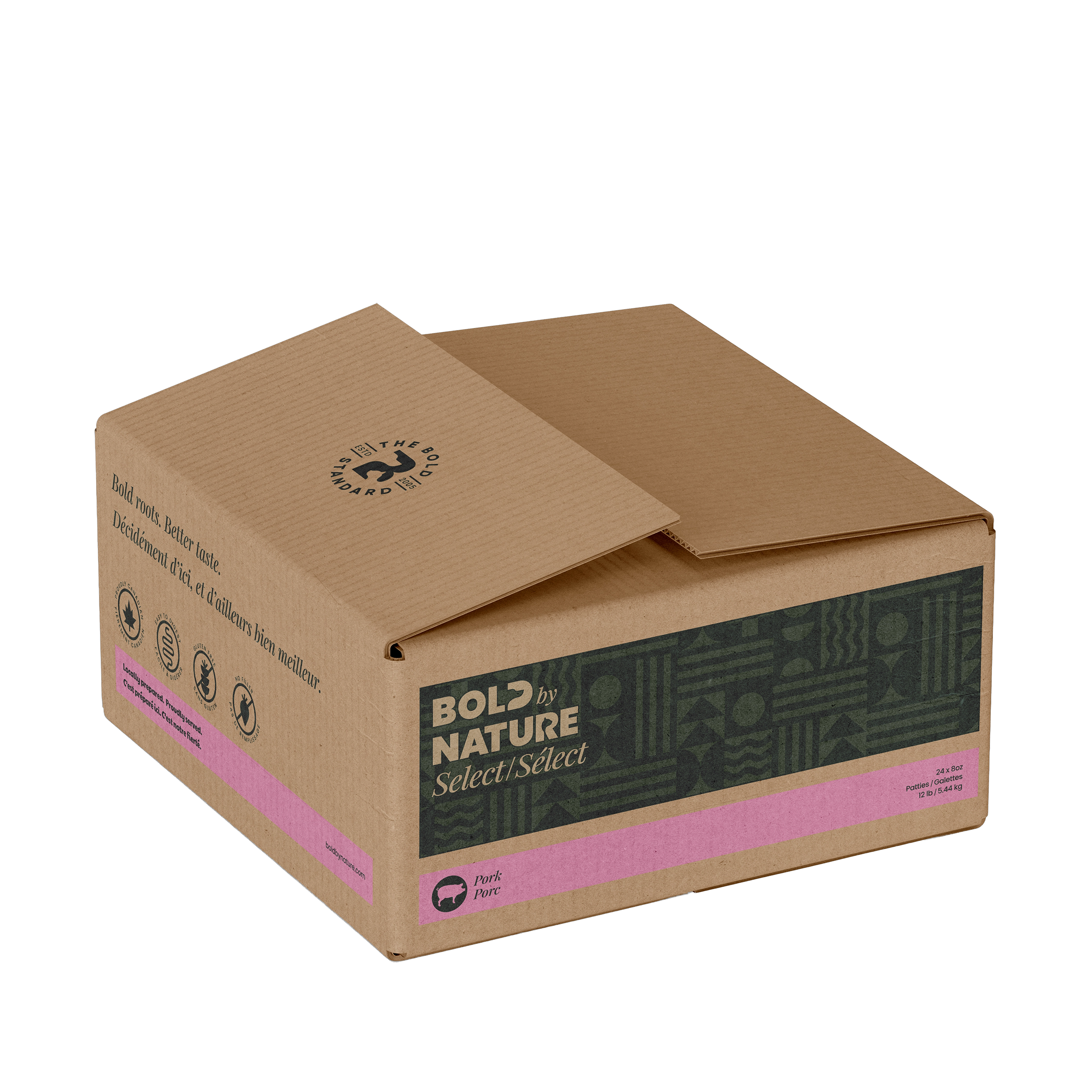 A closed cardboard box labeled “Bold by Nature Select” with a pink stripe and icons, partially opened on top, set against a white background.
