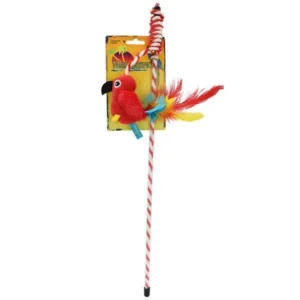 A cat toy featuring a red, yellow, and blue plush parrot attached to a striped white and red wand, with colorful feathers and a cardboard backing.