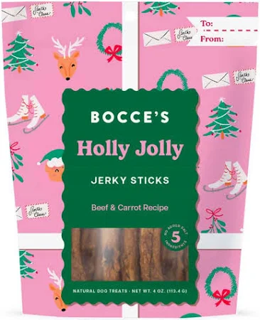 A pink bag of Bocce’s Holly Jolly Jerky Sticks dog treats with reindeer, wreath, and letter illustrations. The label reads "Beef & Carrot Recipe" and there are gift tag spaces for "To" and "From.