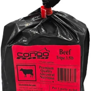 A black plastic package of Congo Beef Tripe (3.5 lb) pet food with a red label featuring product details, feeding directions, a cow icon, and a QR code. The package is tied at the top.