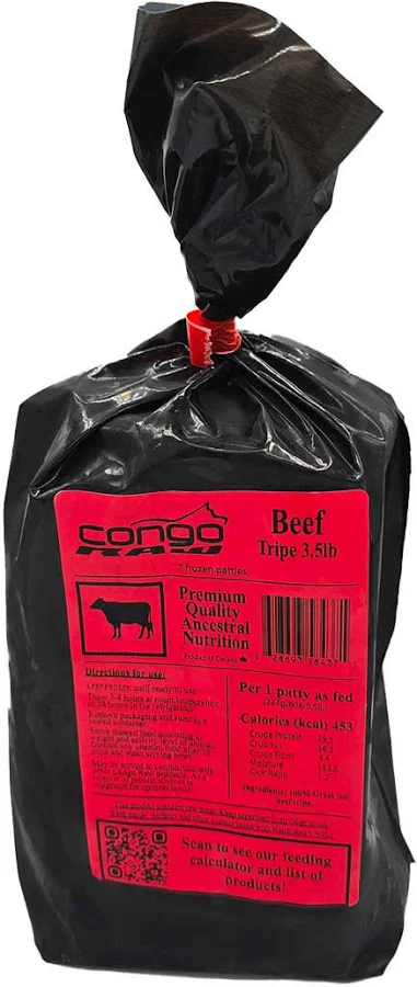 A black plastic package of Congo Beef Tripe (3.5 lb) pet food with a red label featuring product details, feeding directions, a cow icon, and a QR code. The package is tied at the top.