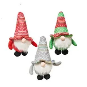 Three plush gnomes with long white beards, round noses, and patterned hats in red, green, and gray colors, each wearing matching mittens and black shoes, positioned against a white background.