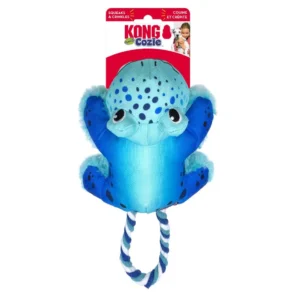 The Kong Cozie Frog Dog Toy is a blue and light blue plush frog with dark blue spots and a rope tail.