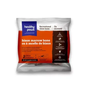 A package of Healthy Paws bison marrow bone recreational chew bone for dogs, containing two pieces. The packaging is mainly white and red with text in English and French and icons showing recommended dog sizes.
