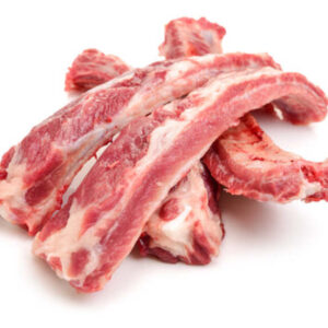 Artisan Frozen Beef Ribs (Small Size, 3 lb) displayed on a white surface, highlighting the red beef and white fat marbling along the bones.