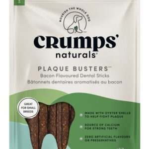Front packaging of Crumps Natural Plaque Busters Bacon Flavoured 255g for dogs highlights benefits like oyster shells, no artificial flavors, and is suitable for small breeds.