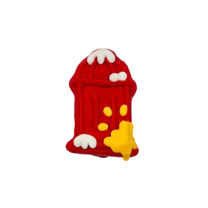 A red fire hydrant-shaped dog treat with white icing resembling snow on top and yellow icing on the side, resembling a splash.