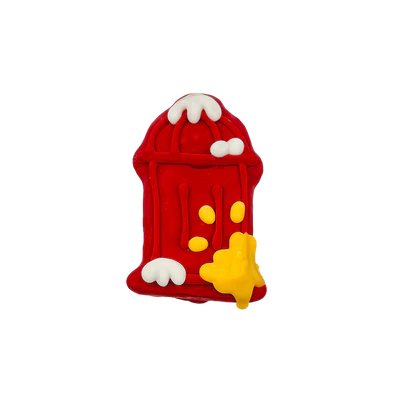 A red fire hydrant-shaped dog treat with white icing resembling snow on top and yellow icing on the side, resembling a splash.