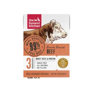 A box of The Honest Kitchen Ranch Raised Beef Meal Booster for dogs, featuring an illustration of a cow and text highlighting 99% real beef, grain-free, all natural, no fillers, and 3 ingredients.