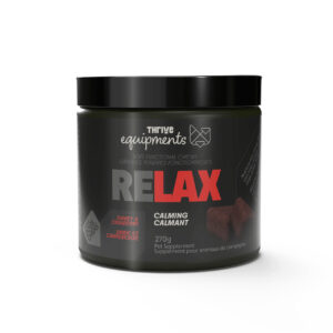 A jar of Thrive Equiments' "Relax" calming soft chews for pets, featuring turkey and cranberry. Labeled in both English and French, the package weighs 270g and is designed as a pet supplement.