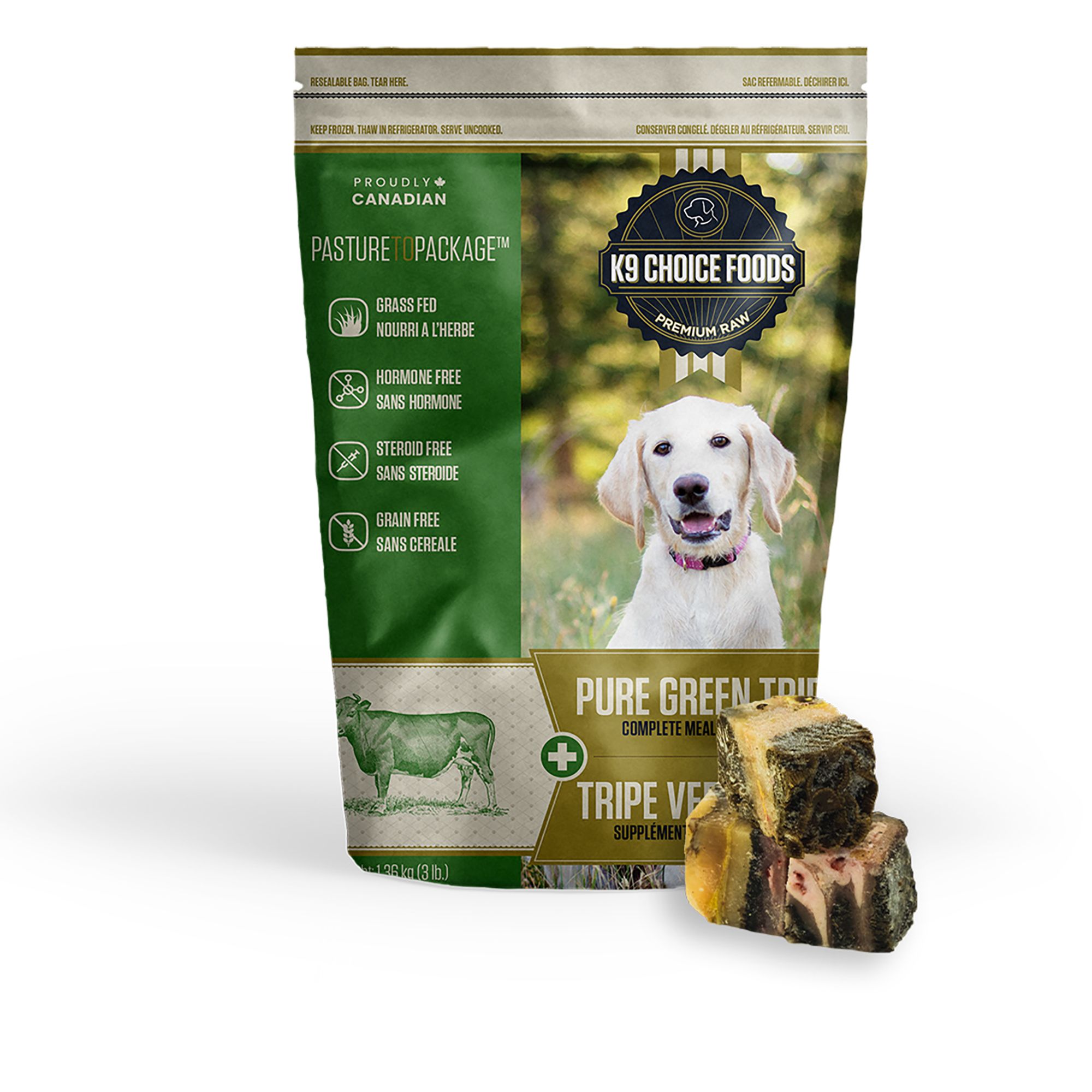 A bag of K9 Choice Foods dog food labeled “Pure Green Tripe” stands upright, with three chunks of tripe in front. The packaging shows a white dog and green icons highlighting product benefits.