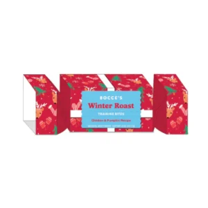 A red box with festive illustrations of reindeer, snowflakes, and mittens. The label reads "Bocce's Winter Roast Training Bites" in blue, featuring chicken and pumpkin recipe for dogs.