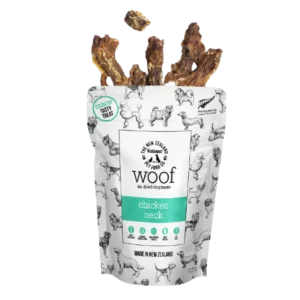 A bag of Woof chicken neck air-dried dog treats, featuring illustrated dogs on the packaging. Several dried chicken necks are visible sticking out of the top of the open bag.