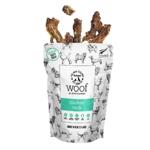 A bag of Woof chicken neck air-dried dog treats, featuring illustrated dogs on the packaging. Several dried chicken necks are visible sticking out of the top of the open bag.