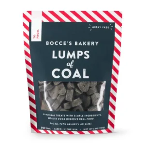 A bag of Bocce's Bakery "Lumps of Coal" dog treats with a red and white striped design. The package highlights the treats as wheat-free, all-natural, and suitable for all dogs.