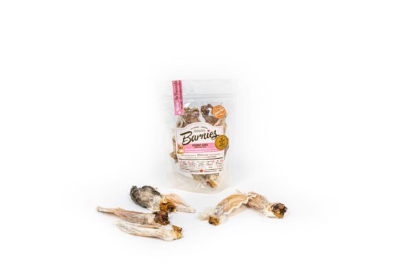 A clear bag labeled "Barnies" with dehydrated mushroom treats inside is centered on a white background. Several pieces of dried mushrooms are spread out in front of the bag.