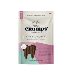 A bag of Crumps’ Naturals Plaque Busters dog dental sticks, labeled as made in Canada, with oyster shells, and a source of calcium. The package is beige and purple with pet and dental icons.